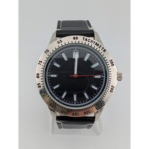 Classic Accutime Watch Men 46mm Silver Case Black Faux Leather Band- New Battery